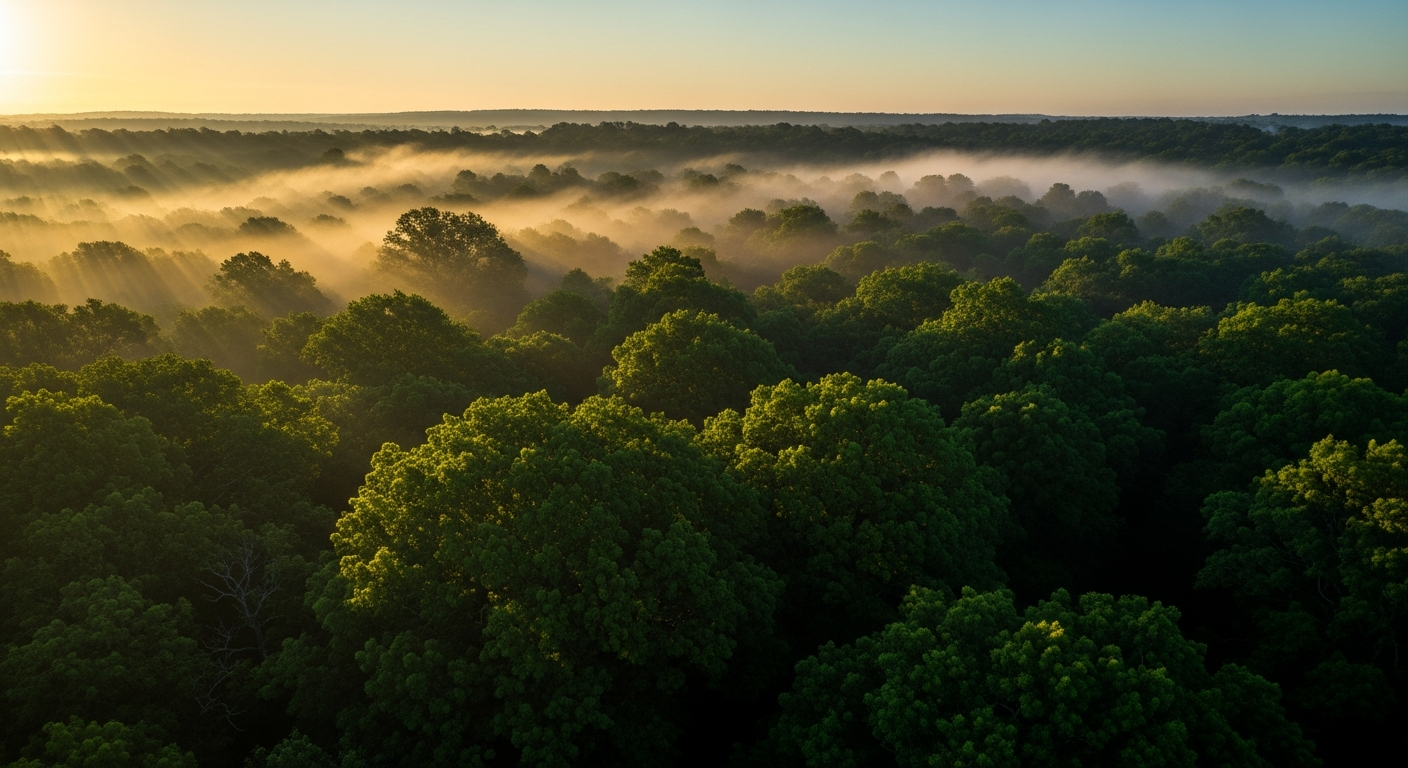 Aerial view of dense forest canopy at sunrise